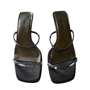 Sam & Libby Y2K Black Satin Square Toe Kitten Heel Sandals Silver Mirror Tile 7M